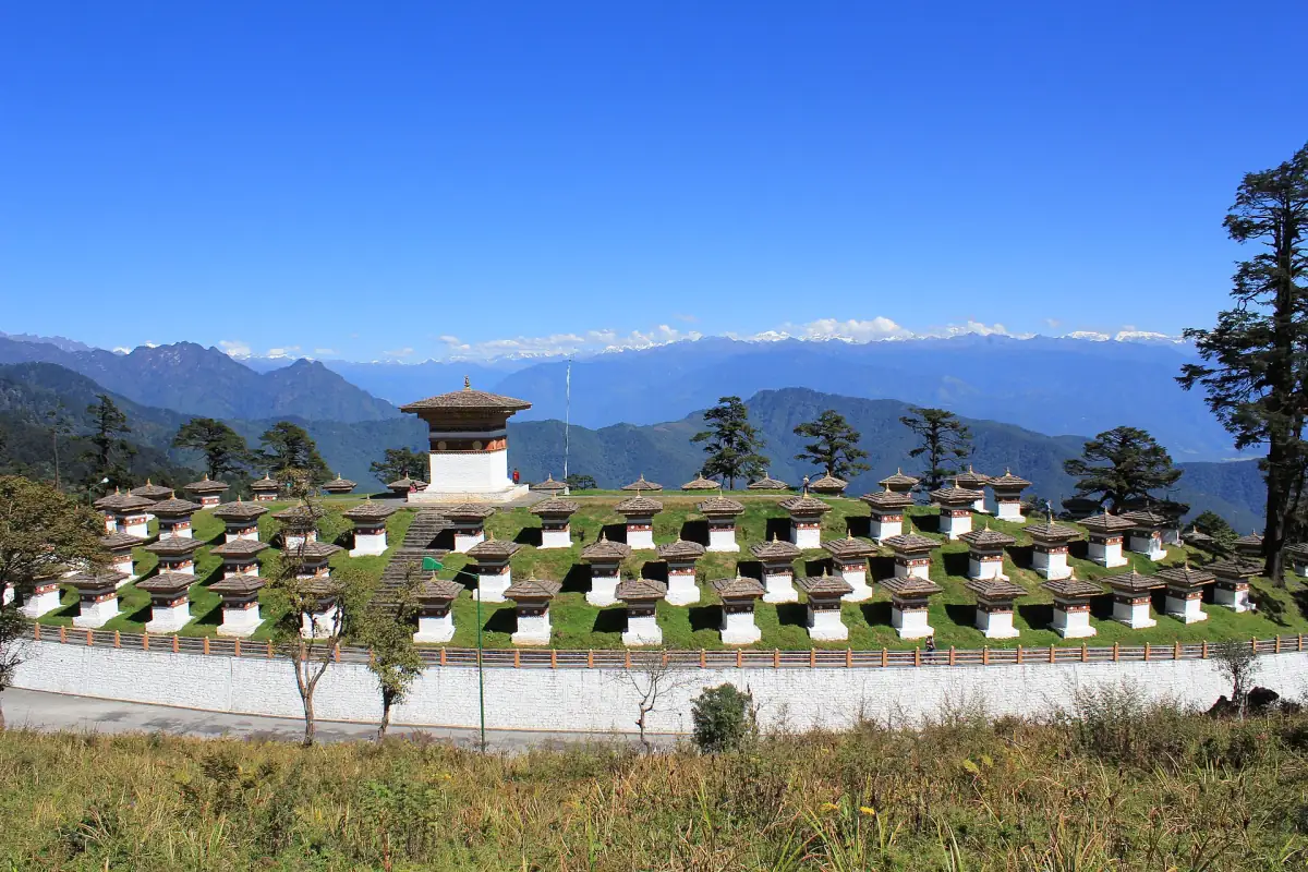 The 108 memorial chortens at Dochula Pass, Bhutan