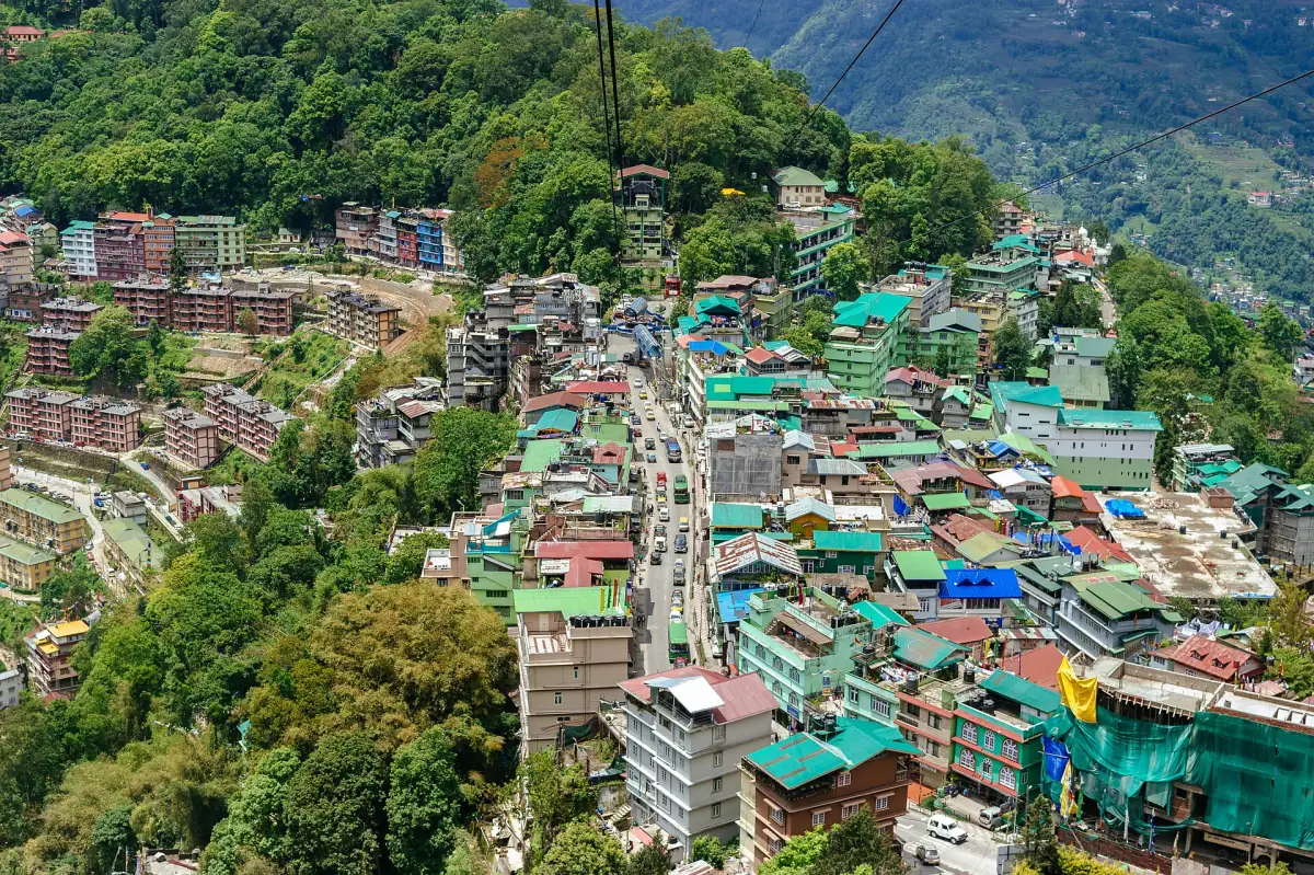 Gangtok city spread across the hillside, seen from the ropeway