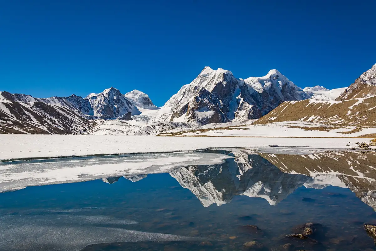 Turquoise Gurudongmar Lake under snow peaks in North Sikkim