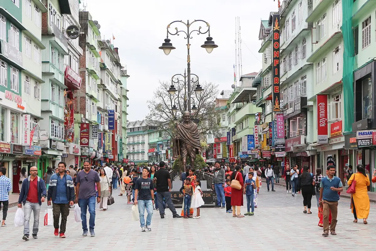 MG Marg, Gangtok's pedestrian-only promenade lined with shops and benches