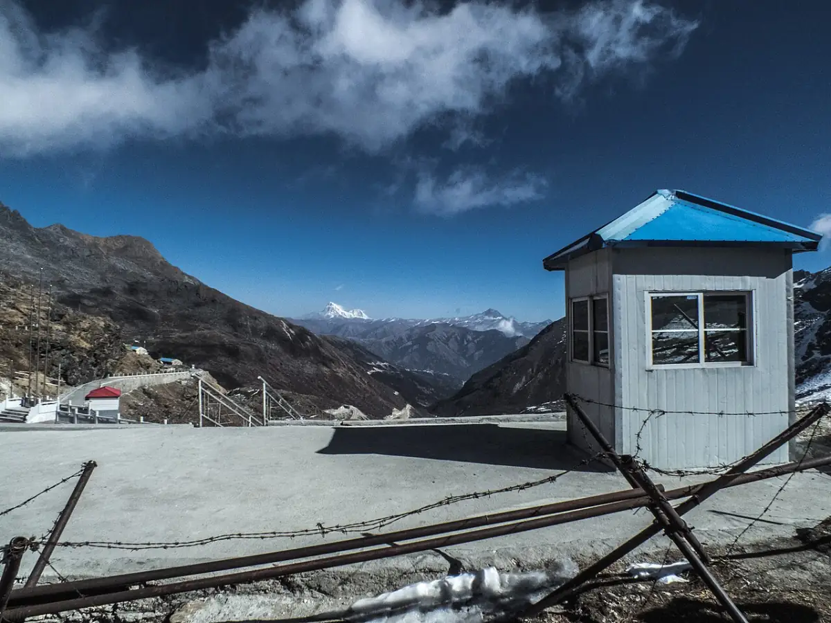 Nathula Pass border post with mountains on the India–China border in Sikkim