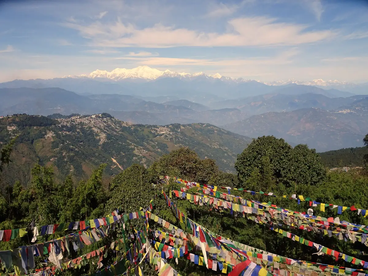 Prayer flags on Tiger Hill, Darjeeling, with the Himalayas behind
